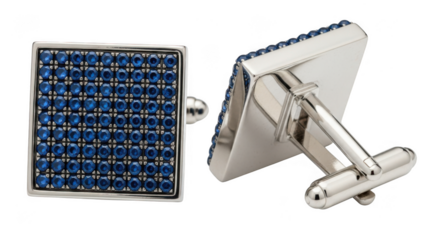 Pair of square silver cufflinks with blue stones, isolated on transparent background