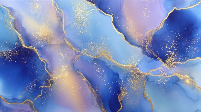 Dynamic abstract painting features fluid patterns in blue, pink, and gold. Rich, flowing textures create movement and depth. Iridescent gold lines enhance visual intrigue. Neural network AI generated