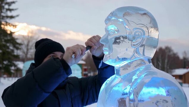 Skilled Artist Carving an Intricate Ice Sculpture of a Humanoid Figure with Chisel