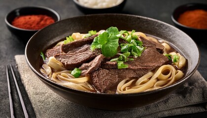 close up of bowl with flavorful beef noodles on dark background for food advertising