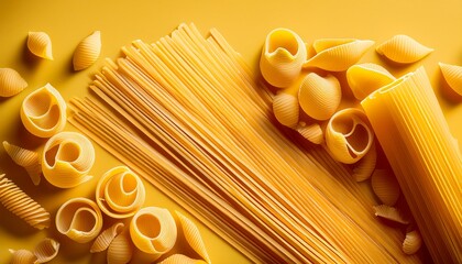 close up of pasta on yellow background for food advertising
