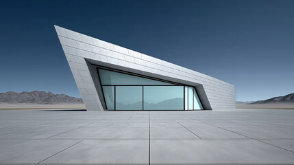 Modern Geometric Building with Glass Windows in Desert Landscape