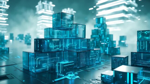 Glowing Cyan Glass Cubes Stacked in Floating Cyber City Skyline with Neon Fog