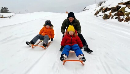 Joyful father and two young children sledding down a pristine snow-covered hill, enjoying a fun winter activity together in a beautiful snowy landscape. - Powered by Adobe