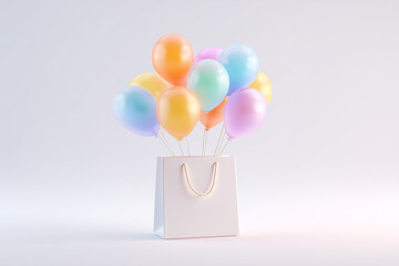 Pastel Balloons Attached to White Shopping Bag on Light Background