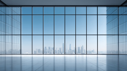 Modern Empty Office with City Skyline View Through Large Blue Windows