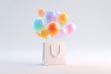 Pastel Balloons Attached to White Shopping Bag on Light Background