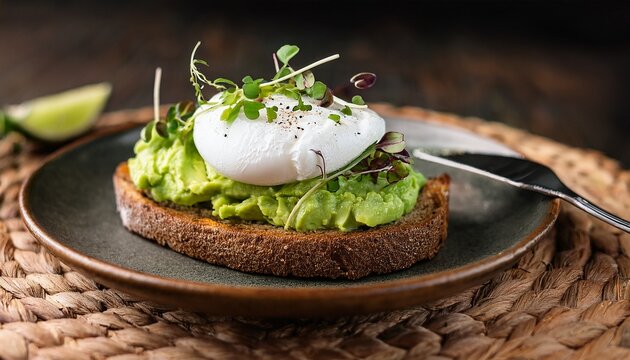 delicious avo toast with poached egg and microgreens ready for breakfast or brunch on a rustic plate