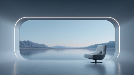 Futuristic Lounge with Lake Mountain View and Glowing Frame