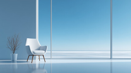 Modern Blue Interior with White Chair and Large Window View