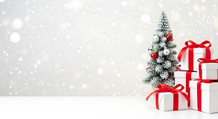 Mini Christmas Tree and Stacked White Gifts with Red Ribbon and Snow