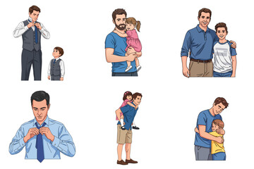 Obraz premium Father dressing and posing with children in various family moments 