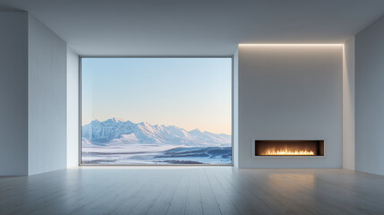 Minimalist Living Space with Mountain View and Fireplace