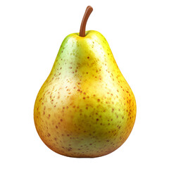 A close-up image of a single pear showing its green and yellow spotted skin along with a brown stem.