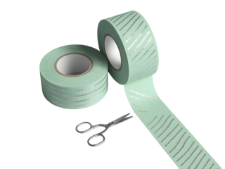 Mint green decorative tape rolls with silver diagonal stripes and metal scissors isolated on a transparent background