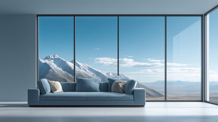 Modern Living Room with Mountain View Through Large Windows
