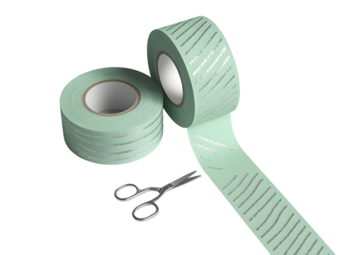 Mint green decorative tape rolls with silver diagonal stripes and metal scissors isolated on a transparent background
