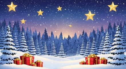 Winter Night Landscape with Snow, Pine Forest, Golden Stars, and Gifts