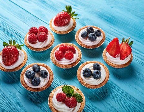 mini tarts with cream and fresh strawberries blueberries and raspberries on blue background