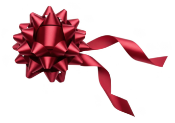 A shiny red gift bow with flowing ribbons, isolated on a transparent background, perfect for holiday and celebration packaging
