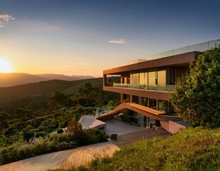 scenic hillside retreat showcasing modern architecture amidst lush greenery during golden hour