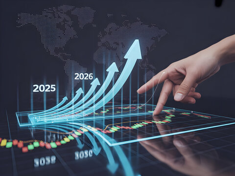 Hand touching a holographic screen displaying upward trending financial arrows, symbolizing global business growth and future success planning.