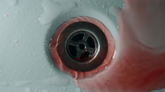 Realistic bloody water flowing into drain in bathroom, red liquid swirling in sink or bathtub, crime scene, homicide aftermath, murder cleanup, horror thriller, forensic evidence, killer washing hands