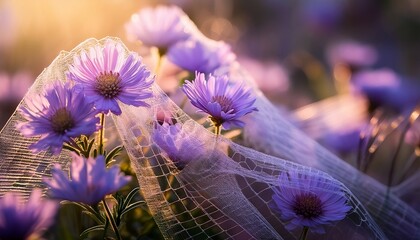 soft focus light drenched purple flowers veiled in a delicate translucent net