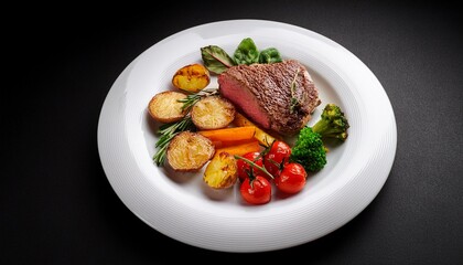 top view of roast veal with vegetables and baked potatoes on white plate on black background