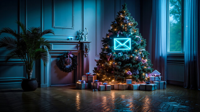 A decorated christmas tree with presents under it in a room