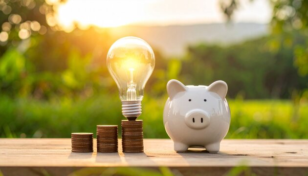 Stacks of coins with growing plants and a piggy bank under sunlight, symbolizing financial growth, savings, and smart investment.