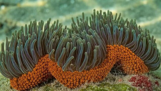 Closeup of a beadlet anemone actinia equina with its tentacles extended, revealing its vibrant orange body and intricate details on the seabed