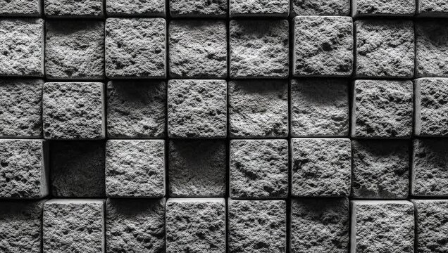 Detailed closeup of a textured gray stone block wall, showcasing the rough surface and geometric pattern of the individual square stones