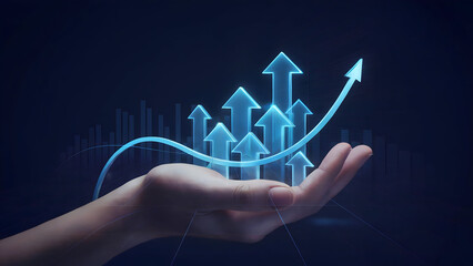 Human hand holding glowing blue arrows ascending from the palm, symbolizing business growth, success, and investment.