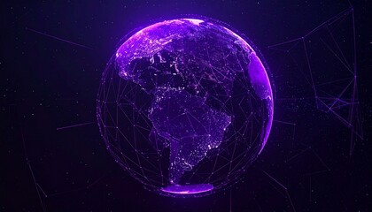 Digitally rendered purple Earth globe with network lines and nodes on dark background, symbolizing global connectivity and data exchange.
