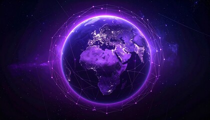 Digitally rendered purple Earth globe with network lines and nodes on dark background, symbolizing global connectivity and data exchange.