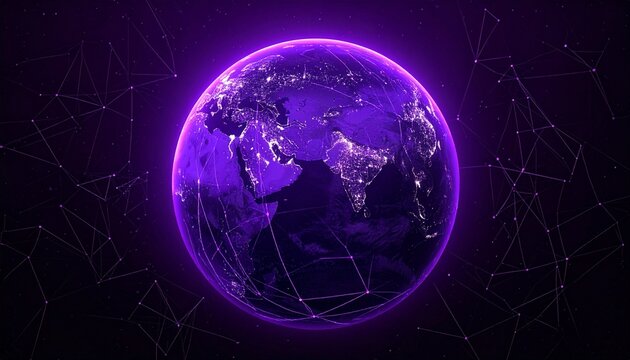 Digitally rendered purple Earth globe with network lines and nodes on dark background, symbolizing global connectivity and data exchange.