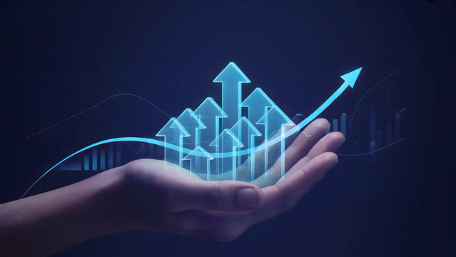 Human hand holding luminous blue arrows representing exponential business growth and financial success against a dark background. - Powered by Adobe