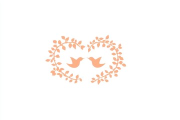 Fototapeta premium Two silhouettes of birds touching beaks within a delicate coral vine heart shape