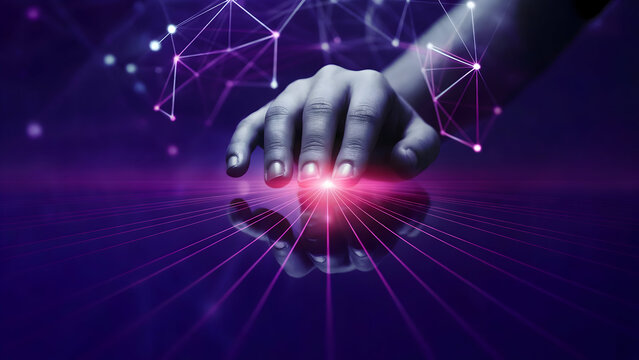 Human hand interacting with a glowing pink light source surrounded by futuristic purple data network connections