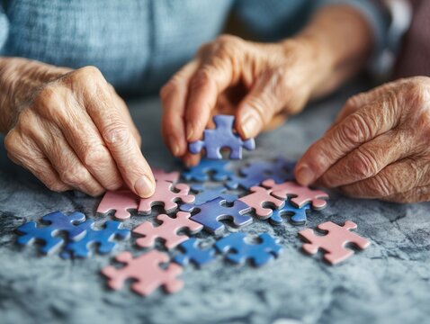 Elderly couple enjoys quality time together arranging a colorful puzzle on a cozy afternoon - Powered by Adobe