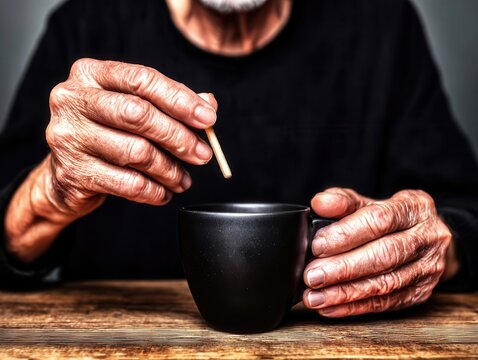 Elderly hands skillfully stirring coffee in a black cup on a rustic wooden table capturing a moment of daily routine and warmth