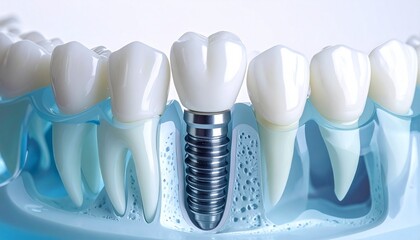 3D dental implant embedded in lower jaw with crown, gum tissue, and bone structure, illustrating restorative dentistry.