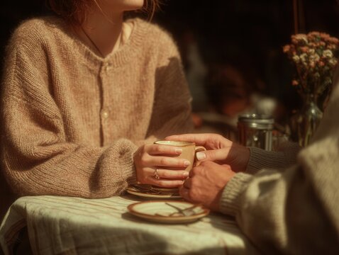 Close-up moment as young couple shares coffee in cozy cafe enjoying the warmth and connection during a relaxed afternoon together