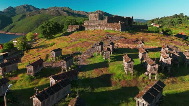 Aerial View of Lindoso Castle and Traditional Granaries in Portugal