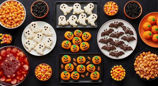Overhead shot of a variety of Halloween-themed treats and candies on a dark surface.
