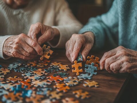 Elderly couple working together on a puzzle at home during a quiet afternoon enjoying each other's company and sharing a joyful activity
