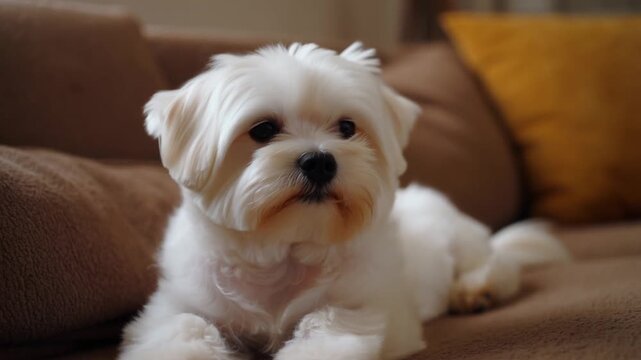 A charming Maltese dog relaxing on a cozy sofa, radiating a sense of comfort and serenity Stock Video