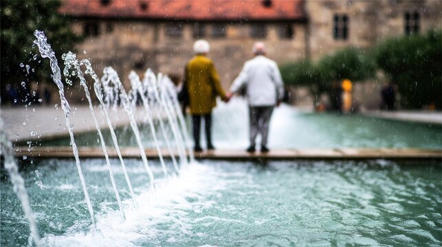 Elderly couple holds hands as they walk by the fountain in a serene park setting on a sunny afternoon