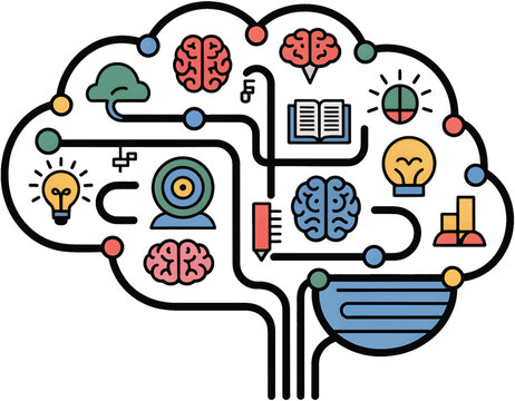 Abstract brain circuit with educational symbols, learning pathways visualization, PNG transparent